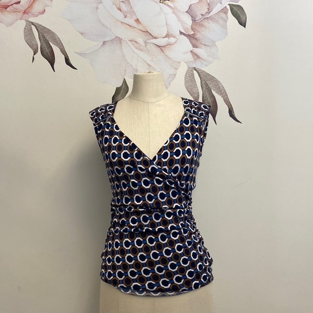 Geometric Print Michael Kors Top with Zipper Detail and Ruching
